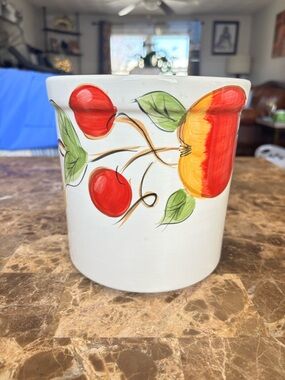 EUC-Home Collection Cream Ceramic Container with Fruit Artwork